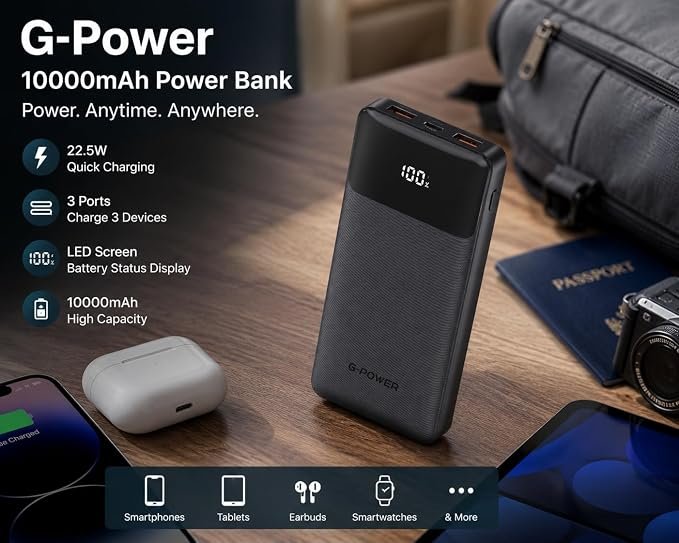 G-Power GP-PB010 LED Screen 10000mAh Power Bank - 3 Ports (2USB & Type-C) Quick Charging 22.5W - Black - Image 2